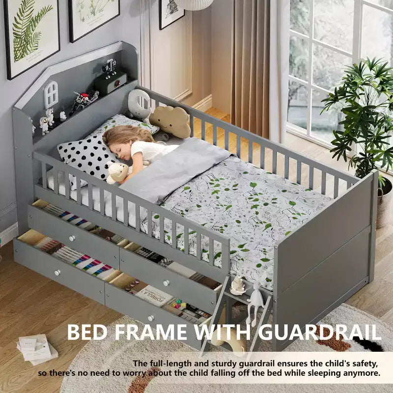 Gray/White Twin Loft Bed Frame with 4 Drawers & Guardrail, House-Style, 1-Child