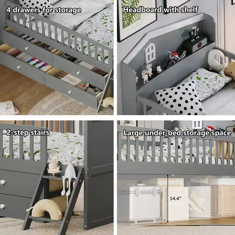 Gray/White Twin Loft Bed Frame with 4 Drawers & Guardrail, House-Style, 1-Child