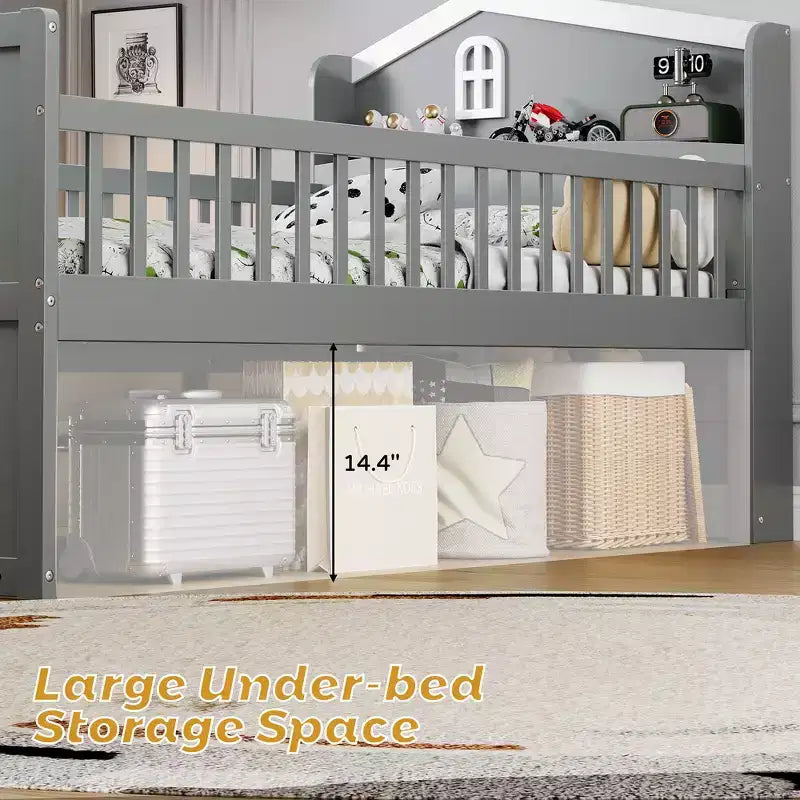 Gray/White Twin Loft Bed Frame with 4 Drawers & Guardrail, House-Style, 1-Child