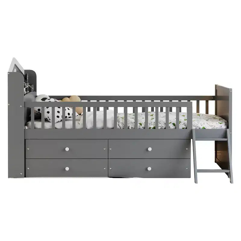 Gray/White Twin Loft Bed Frame with 4 Drawers & Guardrail, House-Style, 1-Child