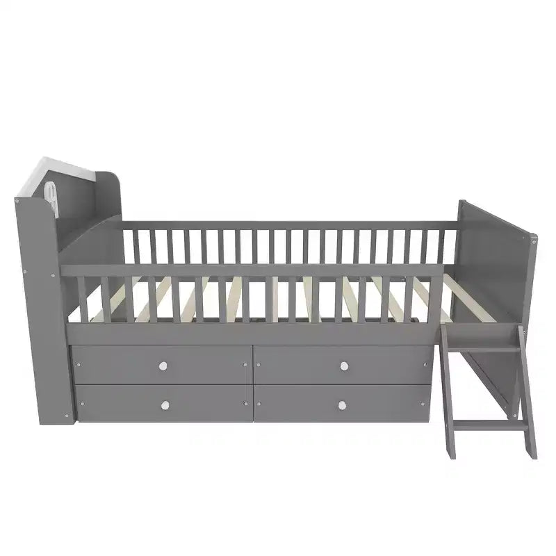 Gray/White Twin Loft Bed Frame with 4 Drawers & Guardrail, House-Style, 1-Child