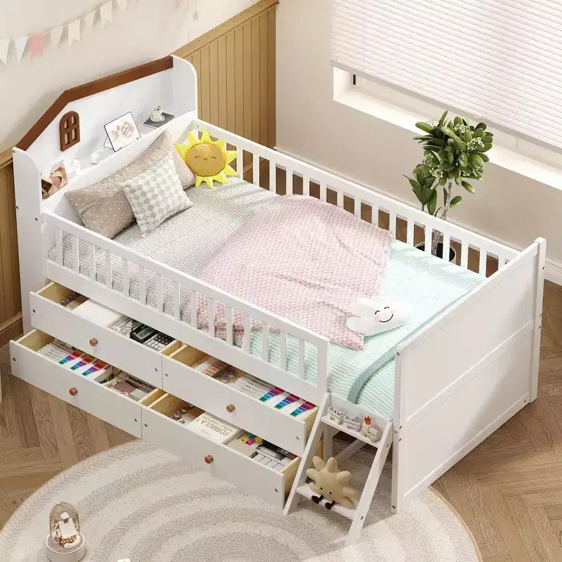 Gray/White Twin Loft Bed Frame with 4 Drawers & Guardrail, House-Style, 1-Child