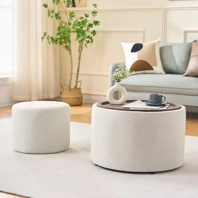 Pouf Contenitore Rotondo in Lino Beige/Blu con Vassoio in Legno, Set da 2