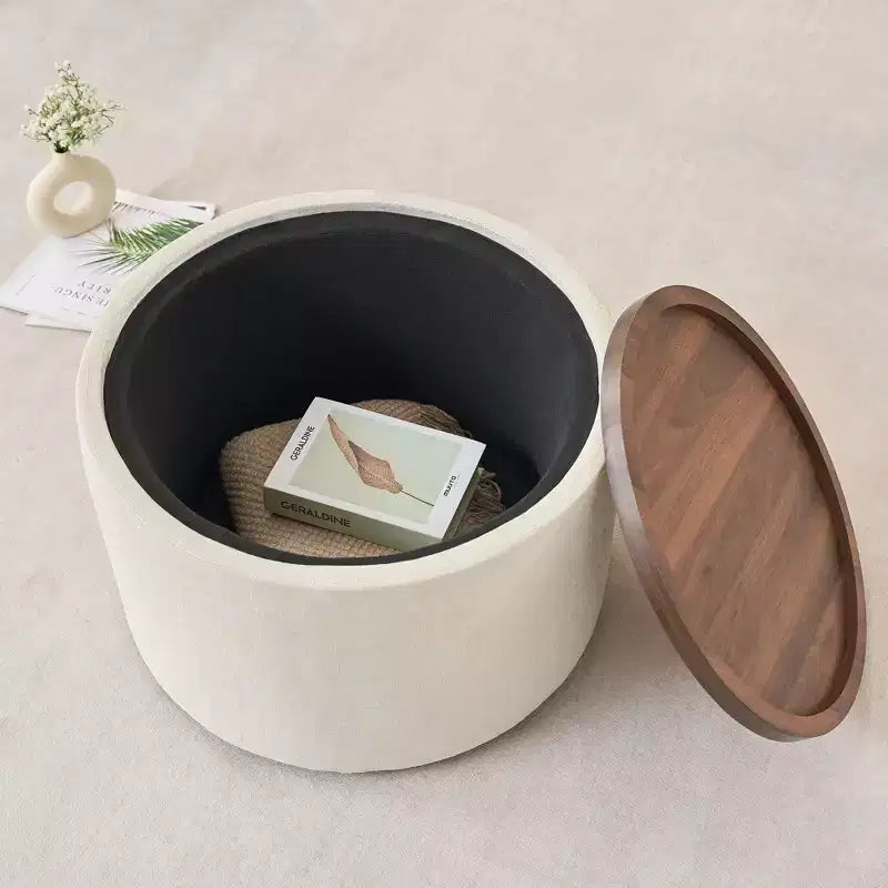 Pouf Contenitore Rotondo in Lino Beige/Blu con Vassoio in Legno, Set da 2
