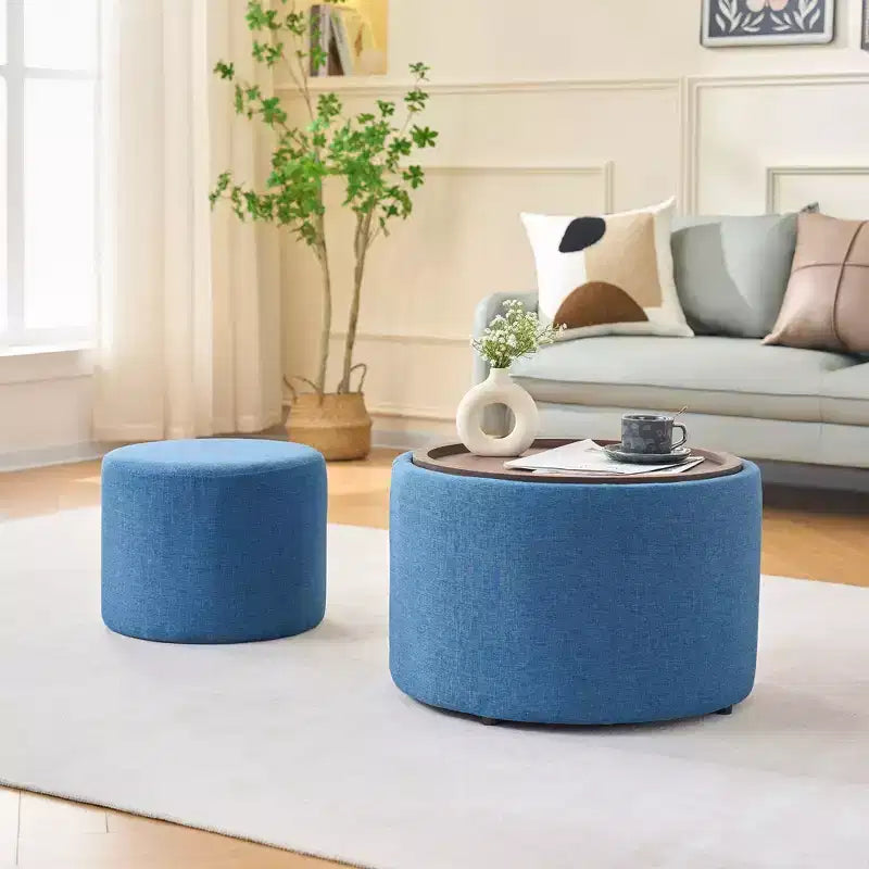 Pouf Contenitore Rotondo in Lino Beige/Blu con Vassoio in Legno, Set da 2