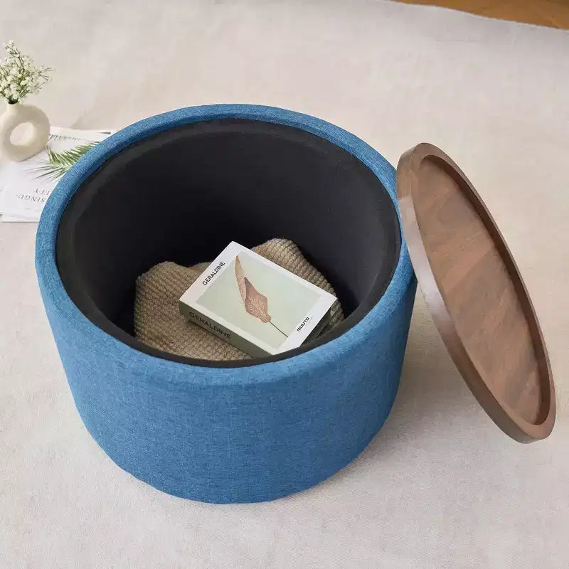 Pouf Contenitore Rotondo in Lino Beige/Blu con Vassoio in Legno, Set da 2