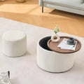 Okak Modern Nesting of 2 Linen Fabric Storage Ottomans with Wood Tray,Upholstered Footstool & Round Coffee Table