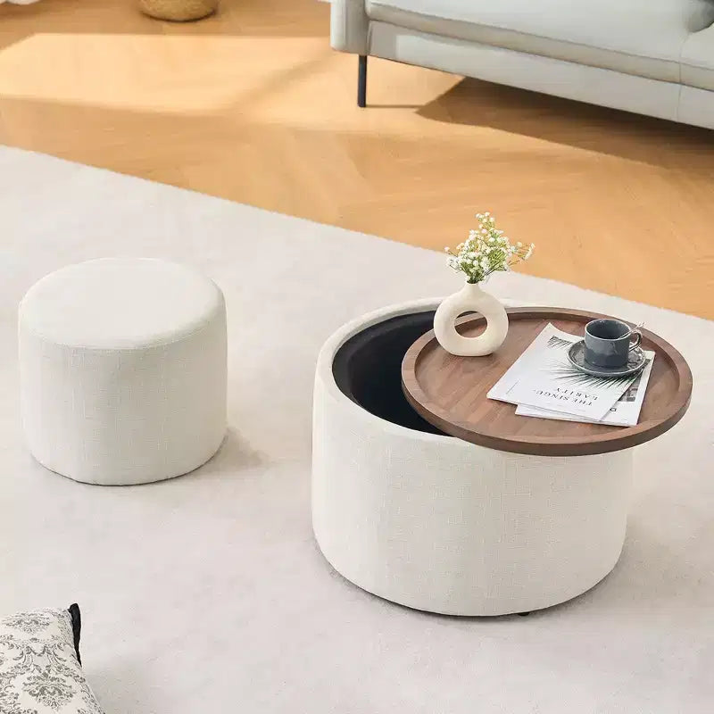 Okak Modern Nesting of 2 Linen Fabric Storage Ottomans with Wood Tray,Upholstered Footstool & Round Coffee Table