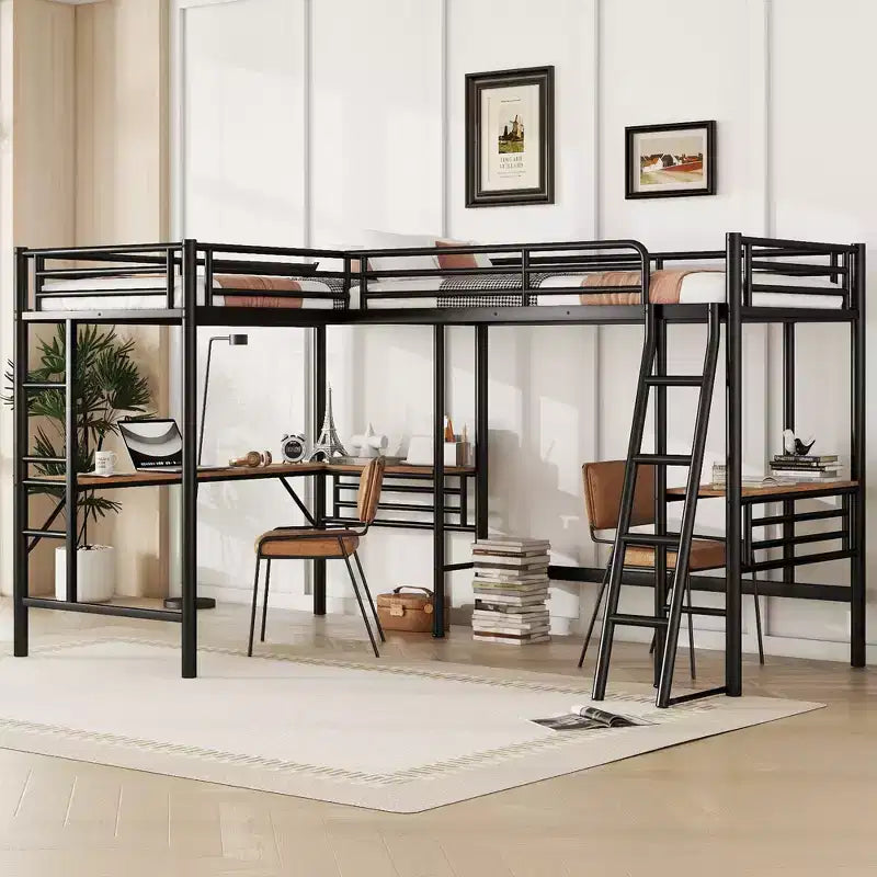 Letto a soppalco a L in metallo gemello con scrivanie, nero, per 2 persone