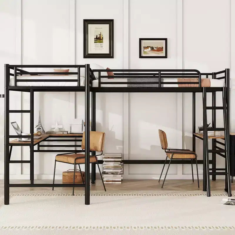 Letto a soppalco a L in metallo gemello con scrivanie, nero, per 2 persone