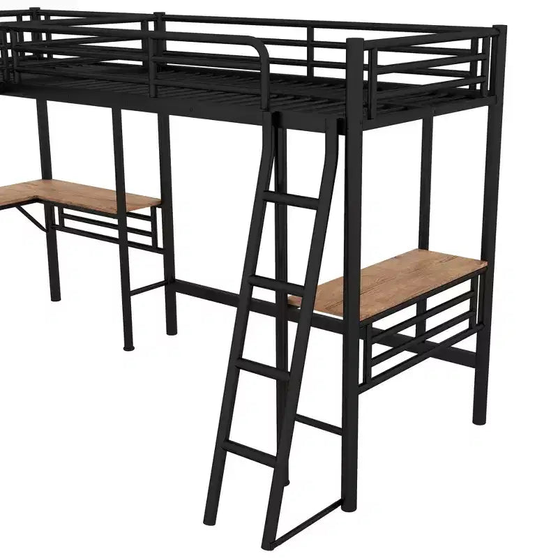 Letto a soppalco a L in metallo gemello con scrivanie, nero, per 2 persone
