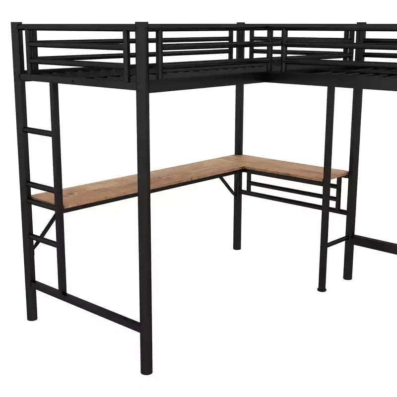 Letto a soppalco a L in metallo gemello con scrivanie, nero, per 2 persone
