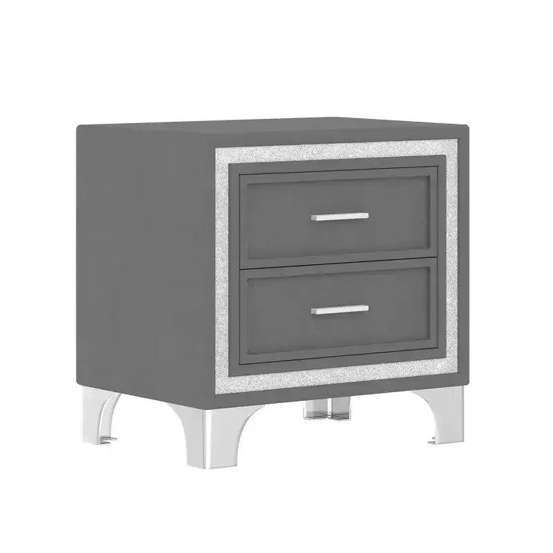 Letto Queen Imbottito Grigio/Rosa e 2 Comodini, Set 3 Pezzi, 2 Posti Letto