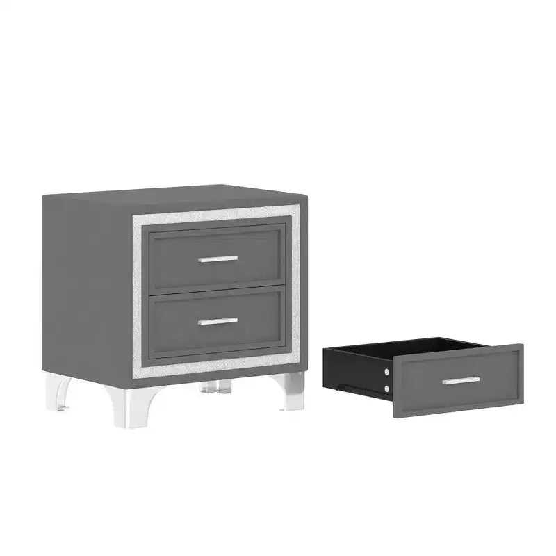 Letto Queen Imbottito Grigio/Rosa e 2 Comodini, Set 3 Pezzi, 2 Posti Letto