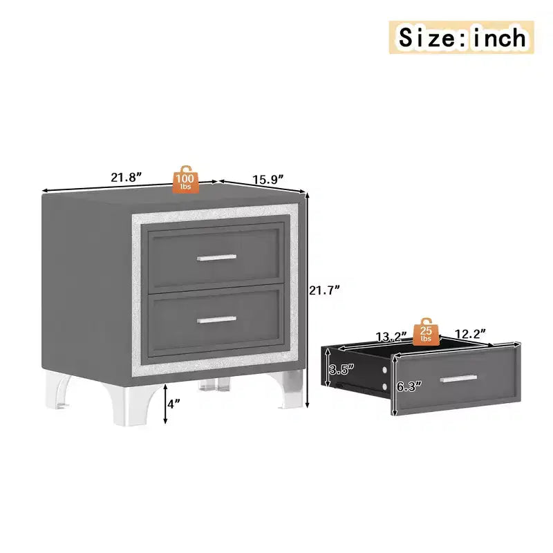 Letto Queen Imbottito Grigio/Rosa e 2 Comodini, Set 3 Pezzi, 2 Posti Letto
