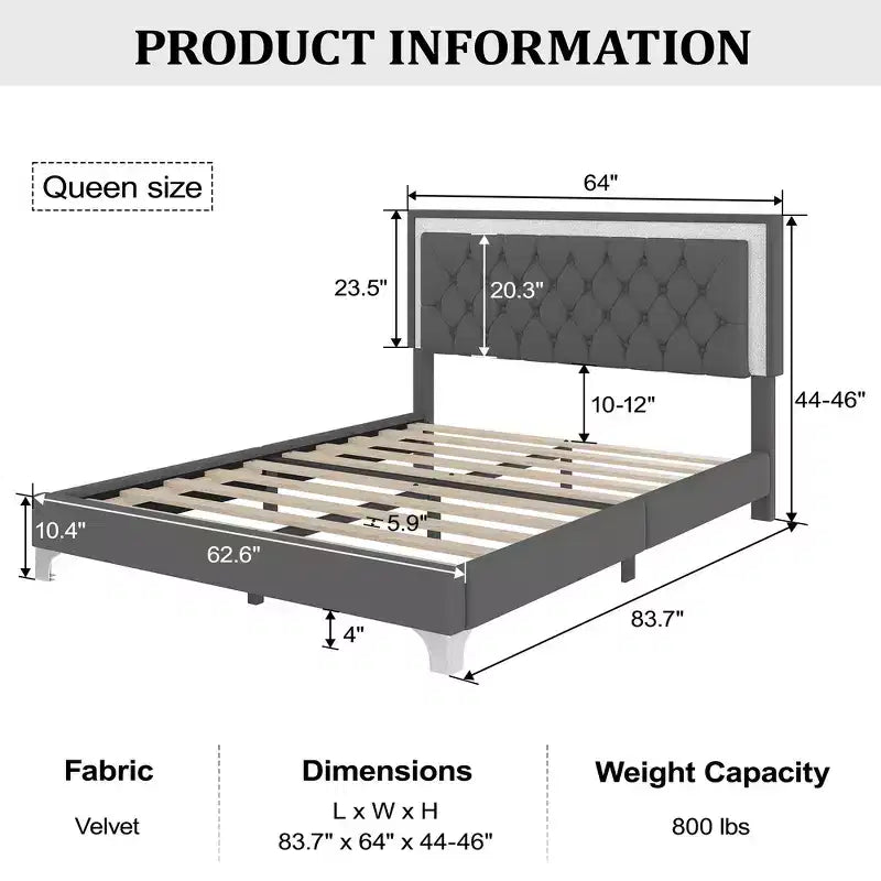 Letto Queen Imbottito Grigio/Rosa e 2 Comodini, Set 3 Pezzi, 2 Posti Letto