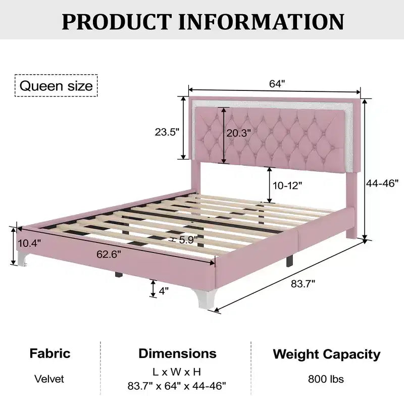 Letto Queen Imbottito Grigio/Rosa e 2 Comodini, Set 3 Pezzi, 2 Posti Letto