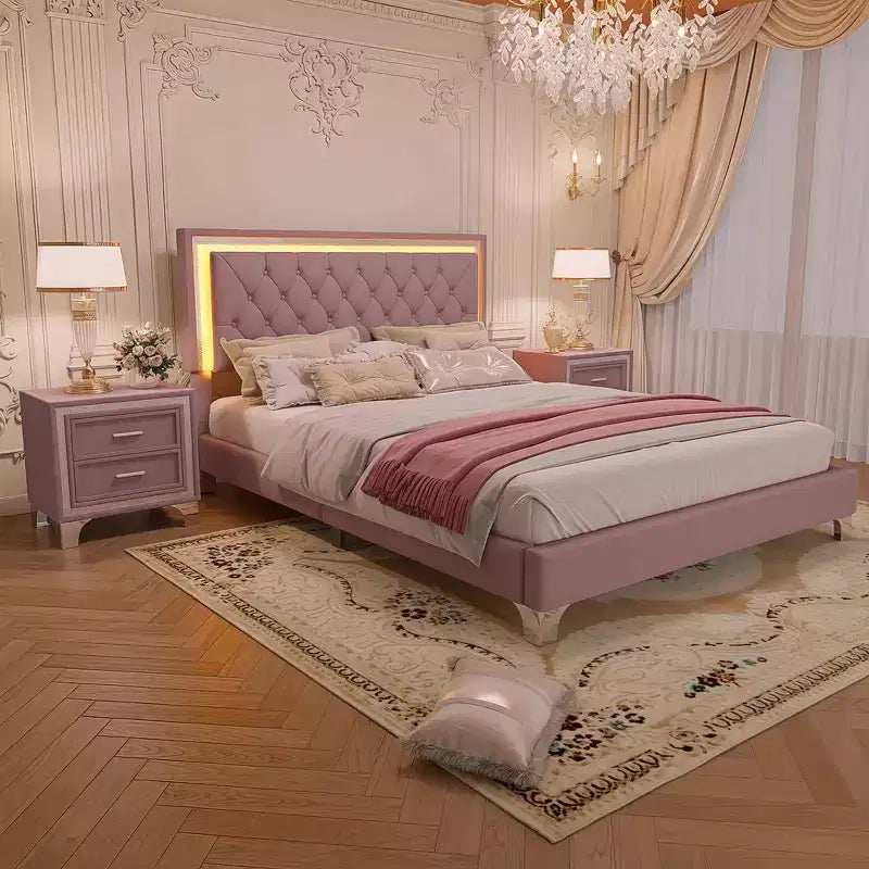 Letto Queen Imbottito Grigio/Rosa e 2 Comodini, Set 3 Pezzi, 2 Posti Letto
