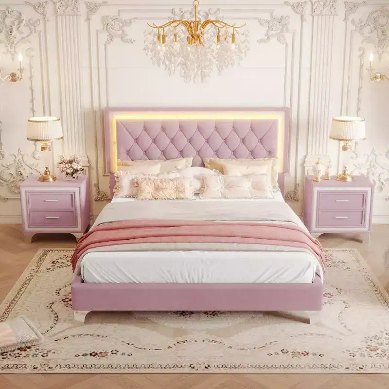 Letto Queen Imbottito Grigio/Rosa e 2 Comodini, Set 3 Pezzi, 2 Posti Letto