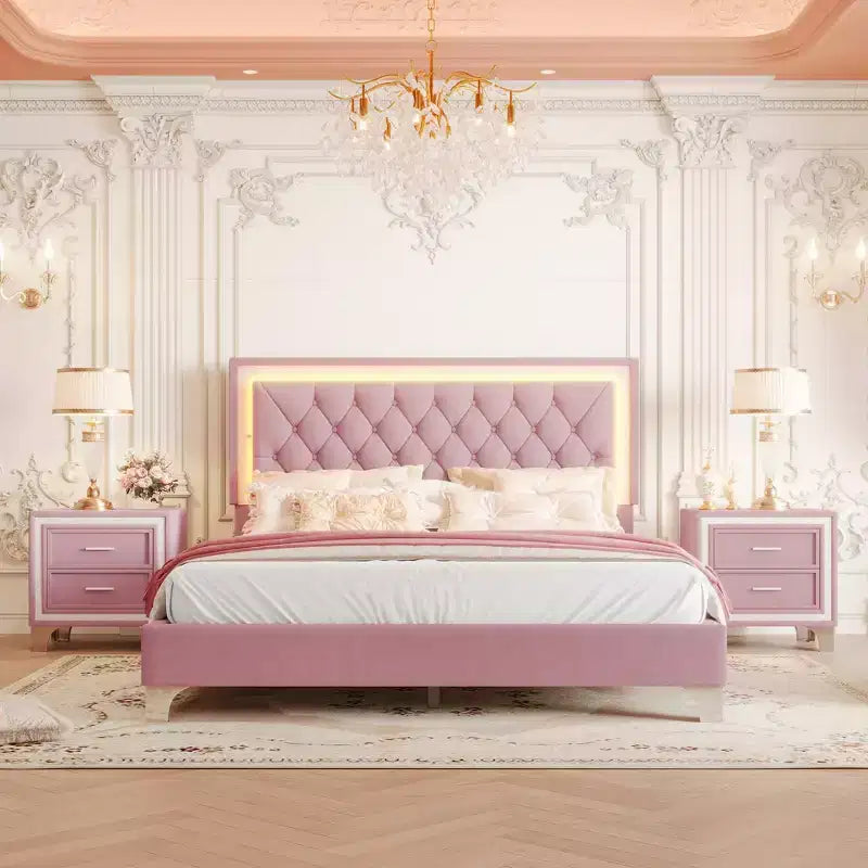 Letto Queen Imbottito Grigio/Rosa e 2 Comodini, Set 3 Pezzi, 2 Posti Letto