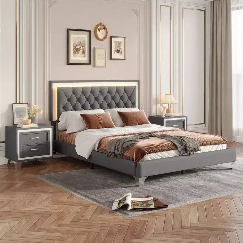 Letto Queen Imbottito Grigio/Rosa e 2 Comodini, Set 3 Pezzi, 2 Posti Letto