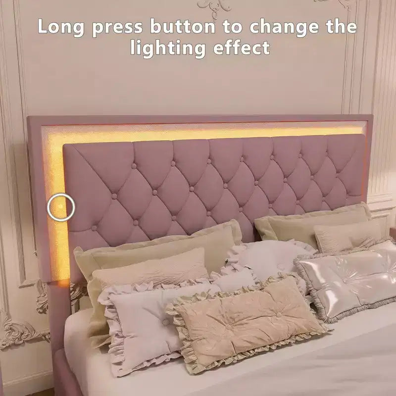 Letto Queen Imbottito Grigio/Rosa e 2 Comodini, Set 3 Pezzi, 2 Posti Letto