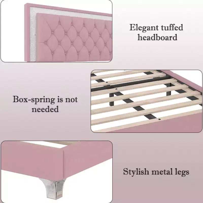 Letto Queen Imbottito Grigio/Rosa e 2 Comodini, Set 3 Pezzi, 2 Posti Letto