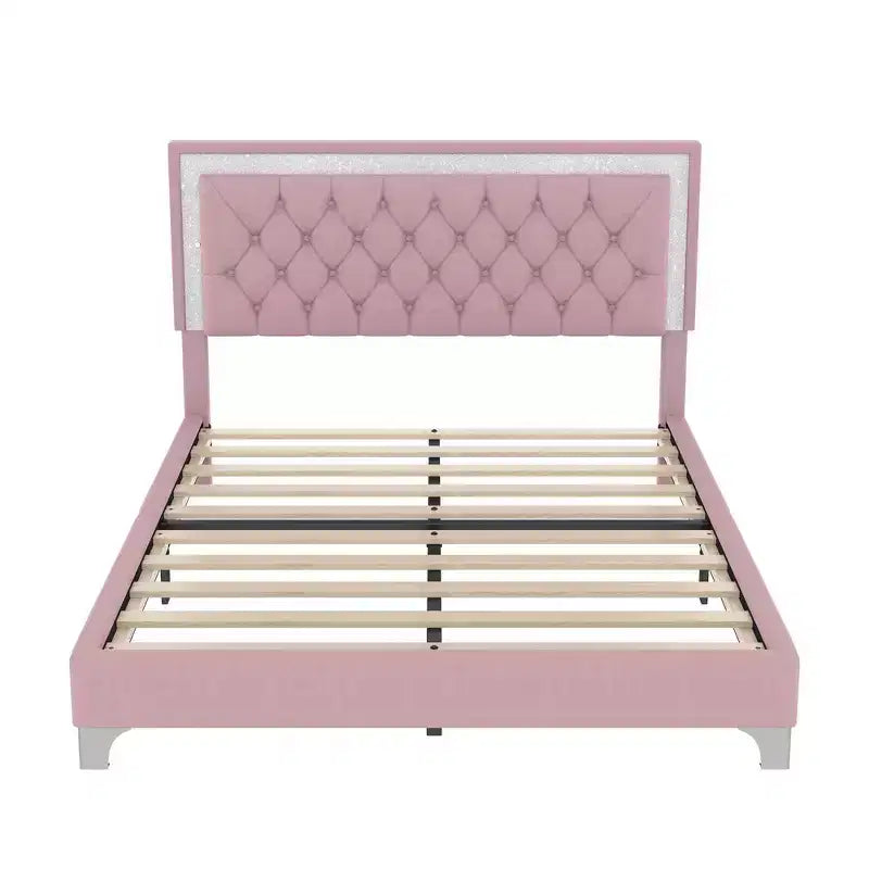Letto Queen Imbottito Grigio/Rosa e 2 Comodini, Set 3 Pezzi, 2 Posti Letto