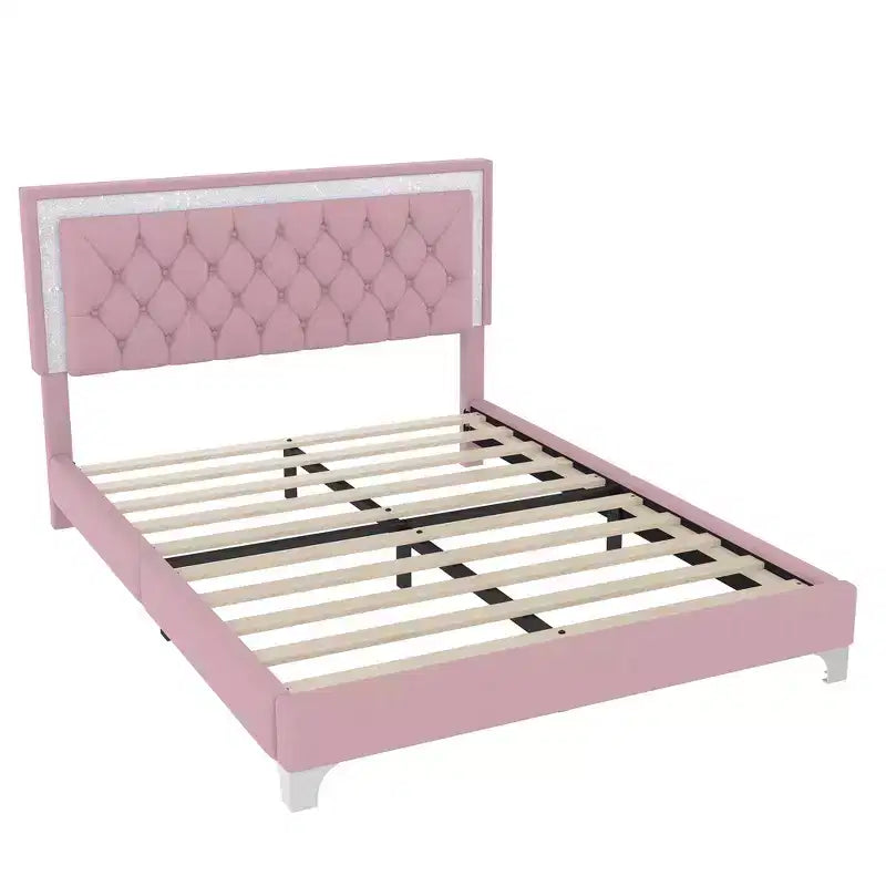 Letto Queen Imbottito Grigio/Rosa e 2 Comodini, Set 3 Pezzi, 2 Posti Letto