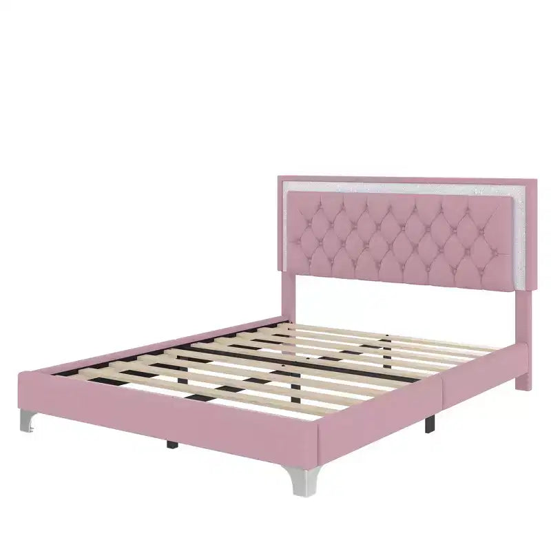 Letto Queen Imbottito Grigio/Rosa e 2 Comodini, Set 3 Pezzi, 2 Posti Letto