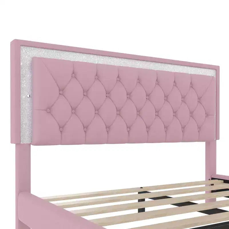 Letto Queen Imbottito Grigio/Rosa e 2 Comodini, Set 3 Pezzi, 2 Posti Letto