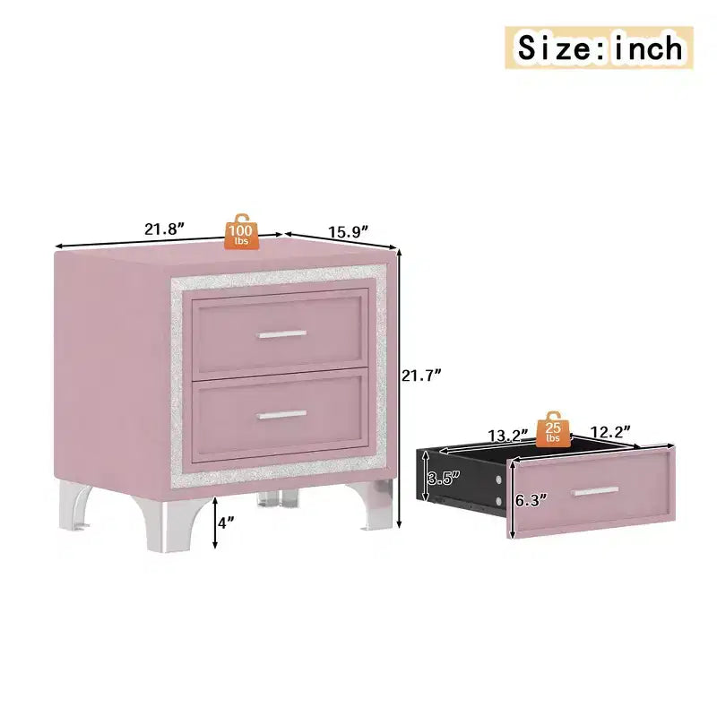 Letto Queen Imbottito Grigio/Rosa e 2 Comodini, Set 3 Pezzi, 2 Posti Letto