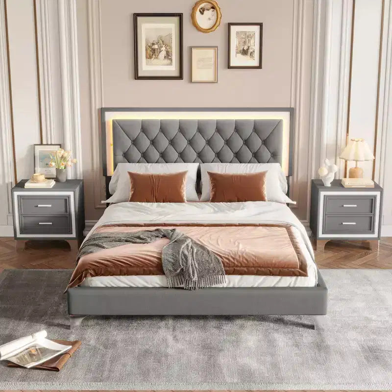 Letto Queen Imbottito Grigio/Rosa e 2 Comodini, Set 3 Pezzi, 2 Posti Letto
