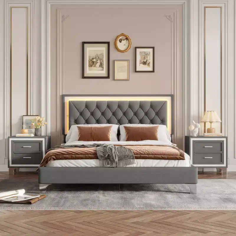 Letto Queen Imbottito Grigio/Rosa e 2 Comodini, Set 3 Pezzi, 2 Posti Letto