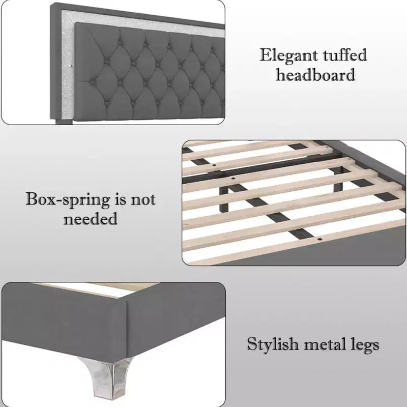 Letto Queen Imbottito Grigio/Rosa e 2 Comodini, Set 3 Pezzi, 2 Posti Letto