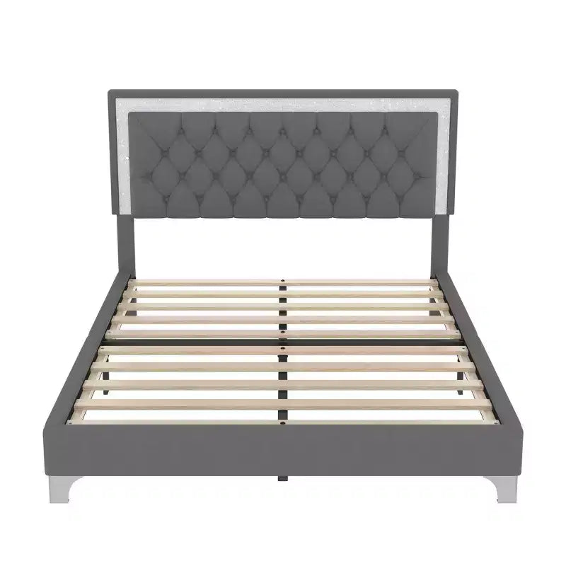 Letto Queen Imbottito Grigio/Rosa e 2 Comodini, Set 3 Pezzi, 2 Posti Letto