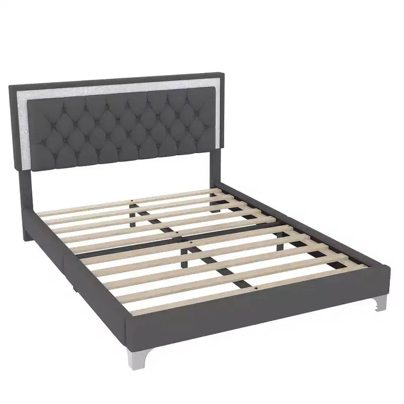 Letto Queen Imbottito Grigio/Rosa e 2 Comodini, Set 3 Pezzi, 2 Posti Letto