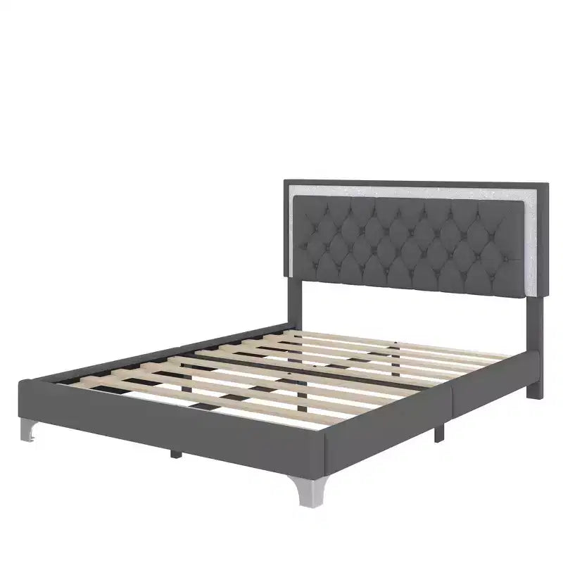 Letto Queen Imbottito Grigio/Rosa e 2 Comodini, Set 3 Pezzi, 2 Posti Letto