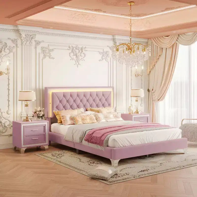 Letto Queen Imbottito Grigio/Rosa e 2 Comodini, Set 3 Pezzi, 2 Posti Letto