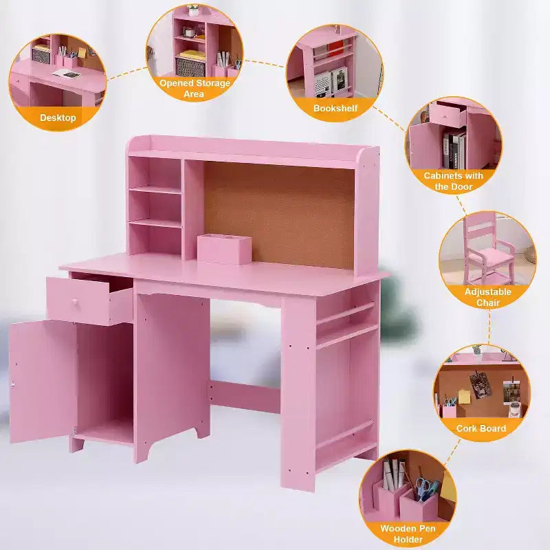 Scrivania e sedia da studio per bambini, colore rosa/bianco, 1 bambino, età 3-8 anni