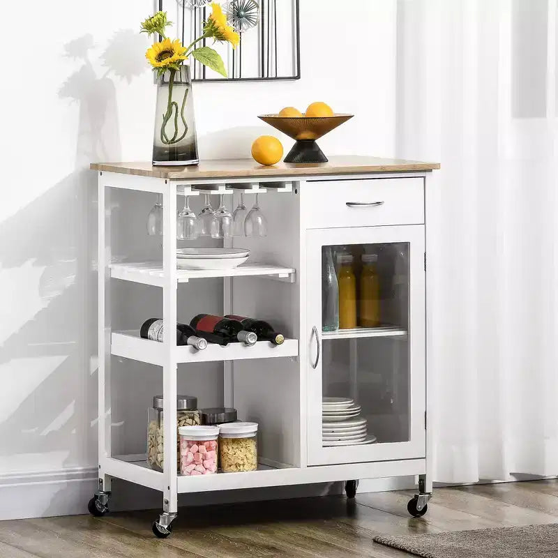 Isola per cucina in bambù bianco con portabottiglie, carrello bar – 1 persona