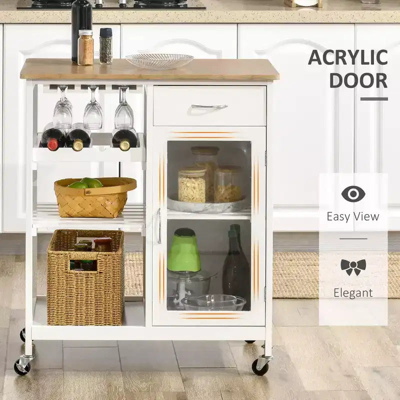 Isola per cucina in bambù bianco con portabottiglie, carrello bar – 1 persona