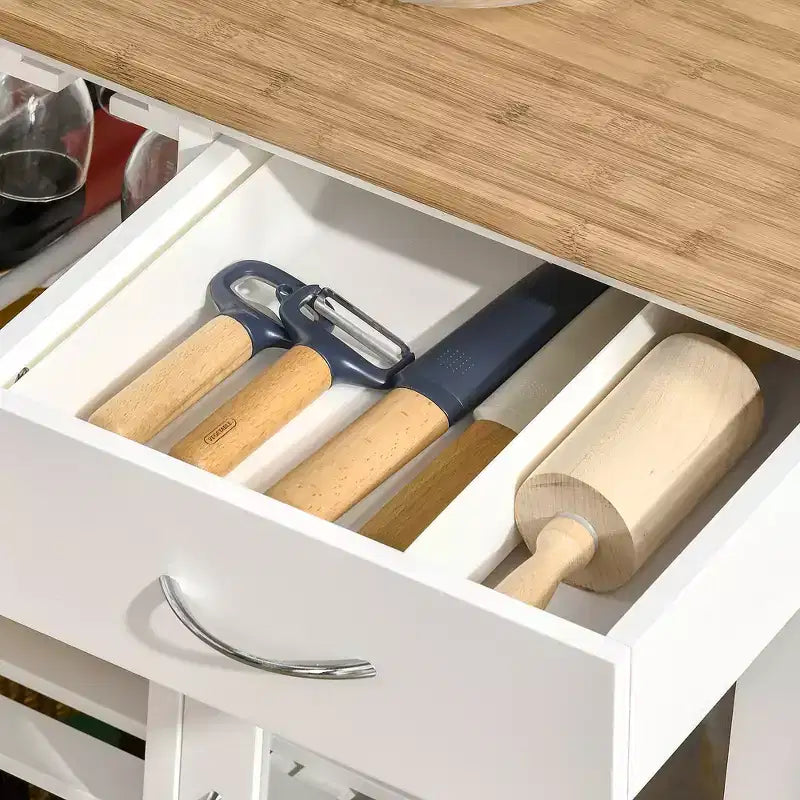 Isola per cucina in bambù bianco con portabottiglie, carrello bar – 1 persona