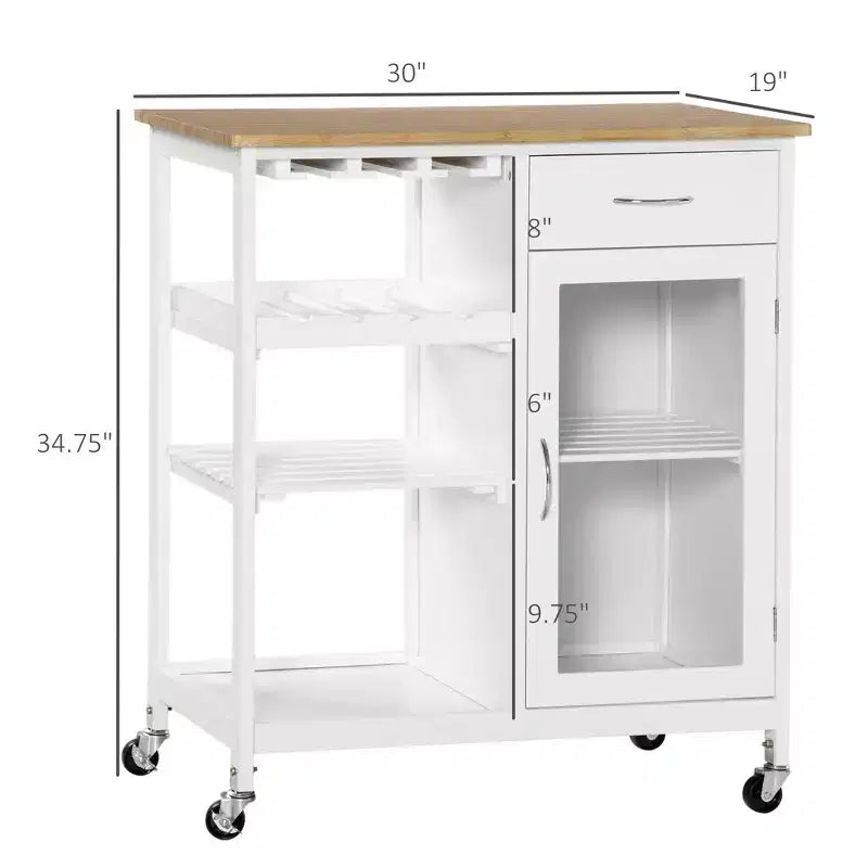 Isola per cucina in bambù bianco con portabottiglie, carrello bar – 1 persona