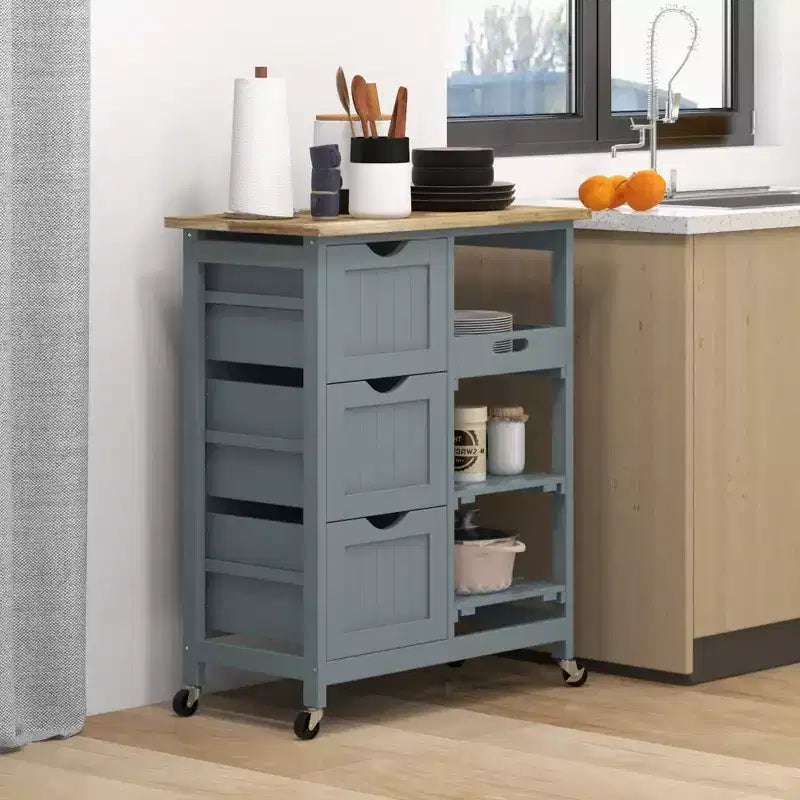 Carrello da cucina mobile grigio con 3 cassetti e 2 ripiani – 1 Persona