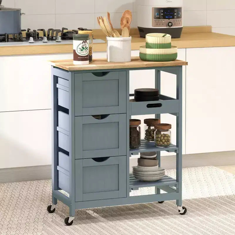 Carrello da cucina mobile grigio con 3 cassetti e 2 ripiani – 1 Persona