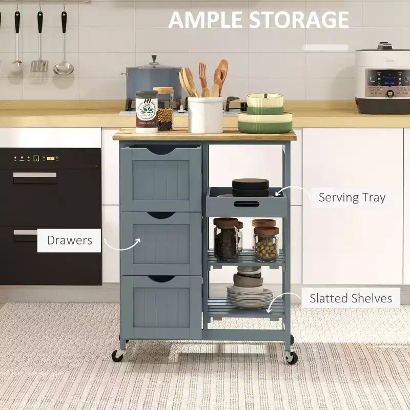 Carrello da cucina mobile grigio con 3 cassetti e 2 ripiani – 1 Persona