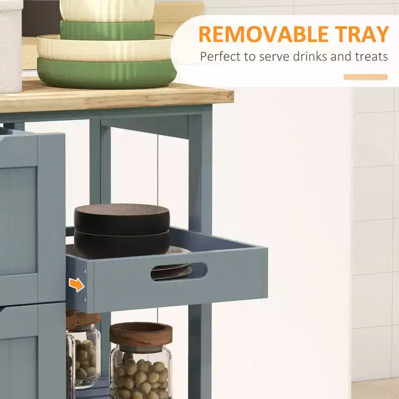 Carrello da cucina mobile grigio con 3 cassetti e 2 ripiani – 1 Persona
