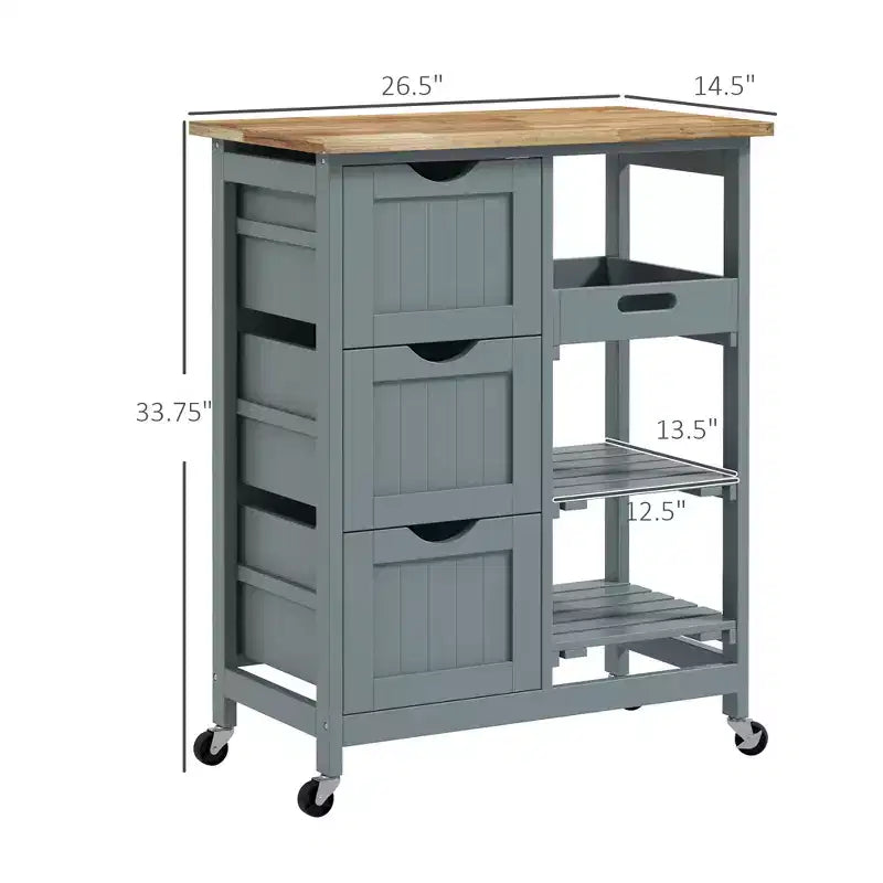 Carrello da cucina mobile grigio con 3 cassetti e 2 ripiani – 1 Persona