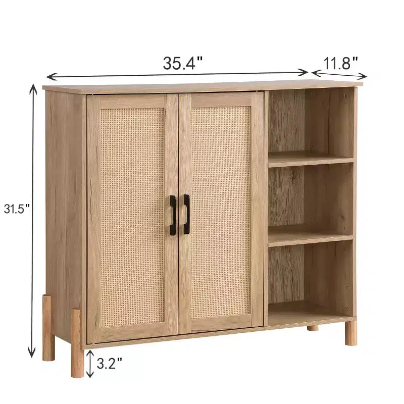 Mobile Contenitore con 2 Ante in Legno Naturale e Rattan con Ripiani Aperti – 1 Persona